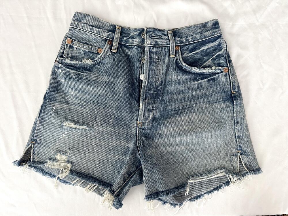 AGOLDE Dee Short Denim Shorts Womens 26 Blue High Rise Distressed Paint Splatter